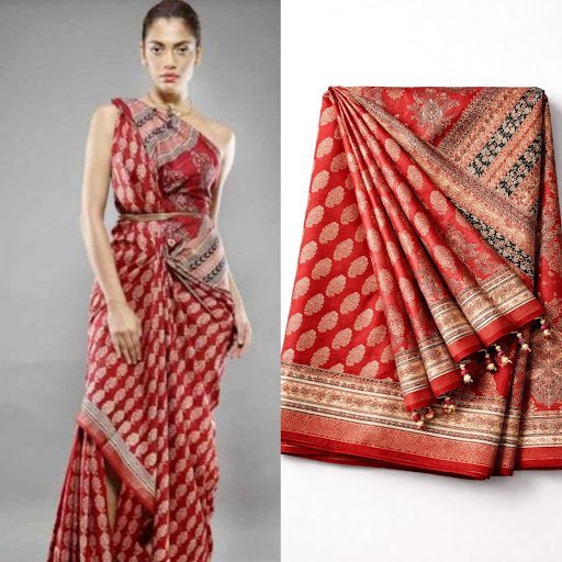 Red traditional silk saree with gold woven motifs and ornate border, ideal for festive ethnic and wedding wear.