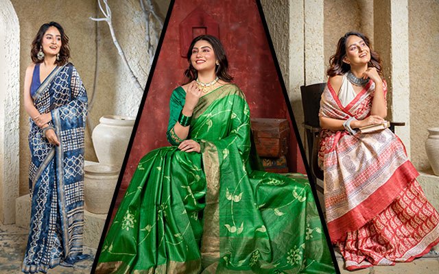 Women wearing traditional handloom sarees in blue, green, white, and red designs